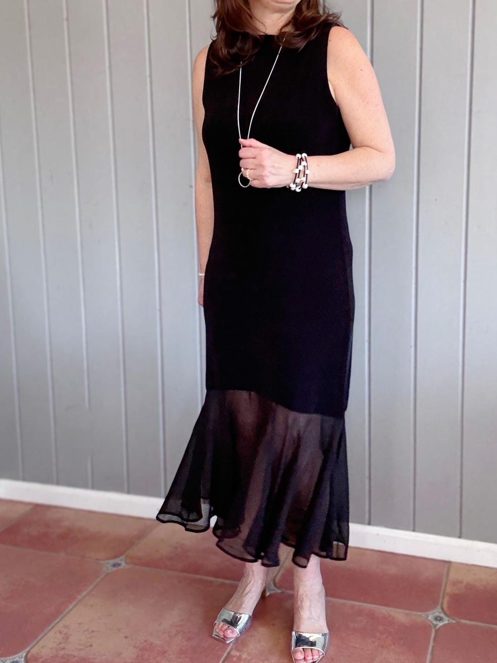Chico's Black Sleeveless Maxi Dress with Sheer Flounce Hem